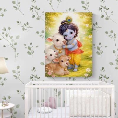 Baby Krishna nursery wall art with cows displayed above crib, cute pastel Krishna illustration for spiritual kids room decor.