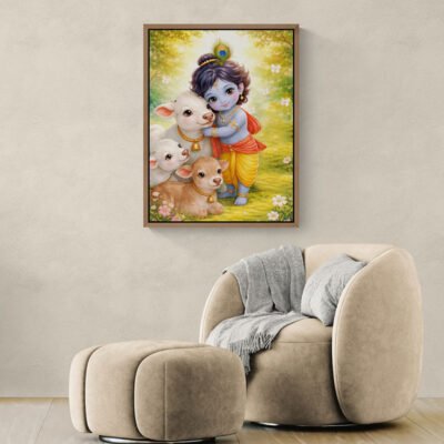 Little Krishna with cows wall art framed above modern armchair, devotional Krishna artwork for living room decor.
