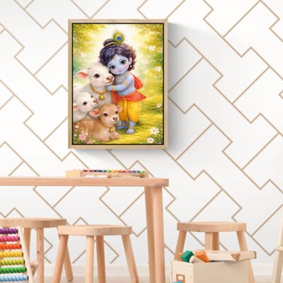 Cute baby Krishna with cows wall art in kids playroom, colorful Krishna nursery decor illustration.