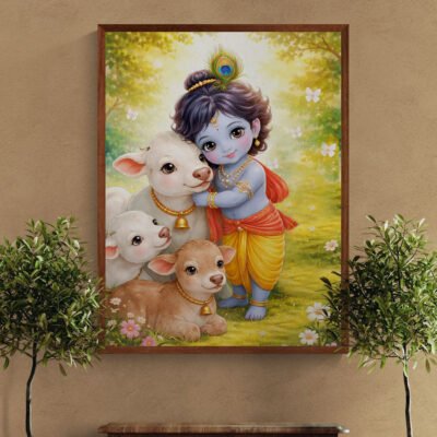 Baby Krishna with cows framed wall art displayed on outdoor garden wall with plants, devotional Krishna illustration.
