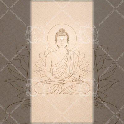 Minimal line art Buddha meditation illustration with lotus halo on beige textured background Zen wall art.