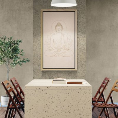 Minimal Line Art Buddha Wall Art with Lotus Halo - Zen Meditation Artwork 02 Minimal Buddha line art meditation wall art displayed above modern dining table interior.