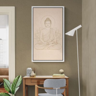 WE Minimal Line Art Buddha Wall Art with Lotus Halo - Zen Meditation Artwork 03 Zen Buddha line art wall decor displayed above desk in modern workspace interior.