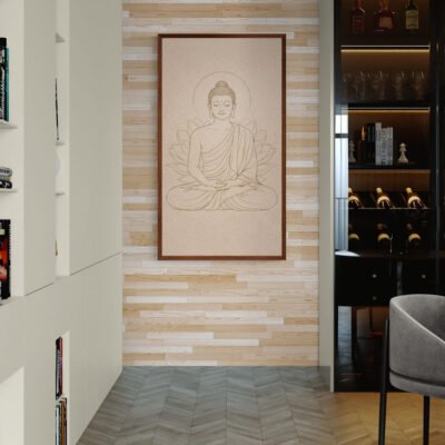WE Minimal Line Art Buddha Wall Art with Lotus Halo - Zen Meditation Artwork 04 Minimal Buddha line art meditation wall art displayed on wood panel interior wall.
