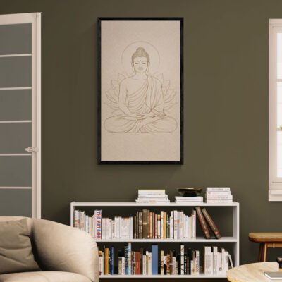 Minimal Buddha meditation line art wall decor displayed above bookshelf in modern living room.
