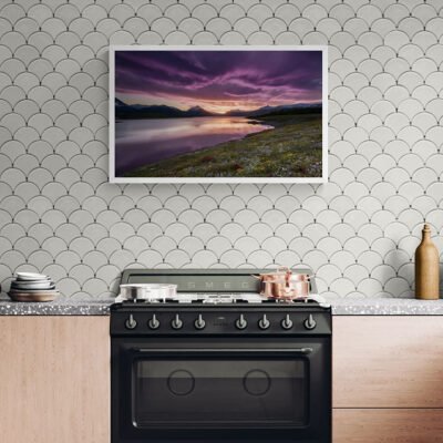 Purple Twilight Over Alpine Lake – Serene Mountain Landscape Wall Art 02 Purple mountain lake wall art framed above modern kitchen stove