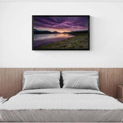 Purple Twilight Over Alpine Lake – Serene Mountain Landscape Wall Art 04 Framed purple twilight mountain lake art above modern bed