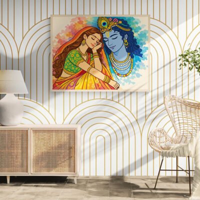 Radha Krishna 2D Flat Art Print | Modern Indian Spiritual Wall Art | Devotional Home Decor