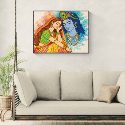 Radha Krishna 2D Flat Art Print | Modern Indian Spiritual Wall Art | Devotional Home Decor