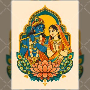 Radha Krishna Folk Poster Art | 2D Flat Indian Devotional Wall Art | Modern Spiritual Decor