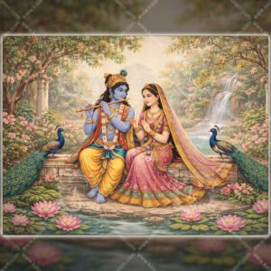Radha Krishna garden art print with peacocks, lotus pond and waterfall, serene Indian devotional wall art