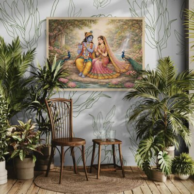 Radha Krishna Garden Art Print Serene Indian Devotional Wall Art Peaceful Spiritual Home Decor 02 Radha Krishna devotional wall art framed in botanical living room with indoor plants