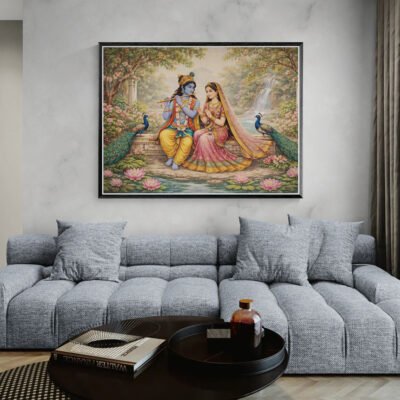 Radha Krishna Garden Art Print Serene Indian Devotional Wall Art Peaceful Spiritual Home Decor 03 Radha Krishna spiritual canvas print in black frame above modern grey sofa