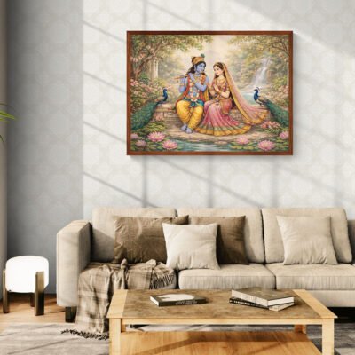 Radha Krishna Garden Art Print Serene Indian Devotional Wall Art Peaceful Spiritual Home Decor 04 Serene Radha Krishna garden wall art framed above beige sofa in modern living room