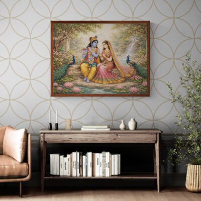 Radha Krishna Garden Art Print Serene Indian Devotional Wall Art Peaceful Spiritual Home Decor 05 Radha Krishna devotional wall art framed above wooden console table in stylish home interior