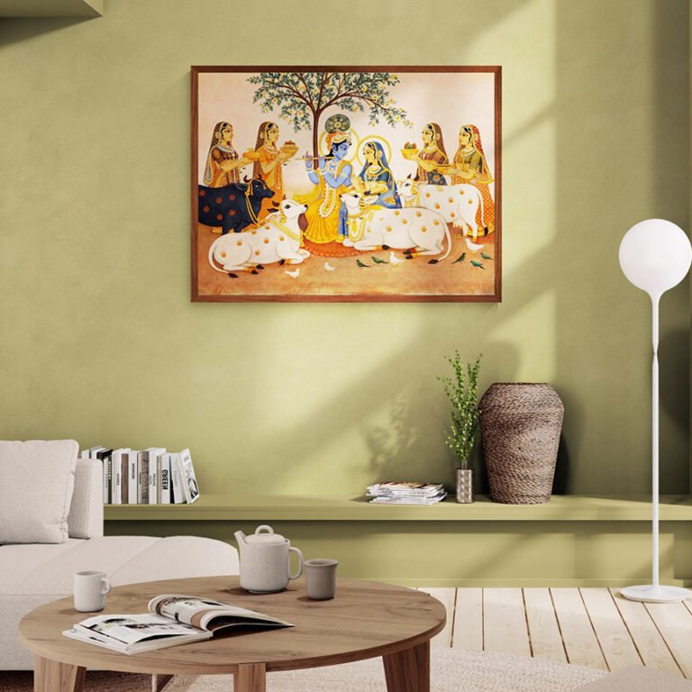 Radha Krishna sacred cows wall art framed in wood above a light green wall with modern furniture decor.