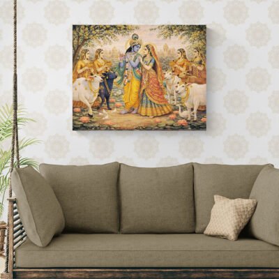 Radha Krishna with Sacred Cows – Traditional Pichwai Devotional Wall Art