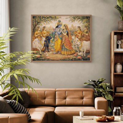 Radha Krishna with Sacred Cows – Traditional Pichwai Devotional Wall Art