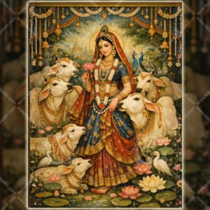 Radhaji standing with sacred cows in traditional Pichwai style surrounded by lotus flowers and temple garlands