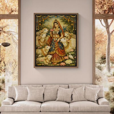 Framed Radhaji sacred cow painting above beige sofa in modern living room