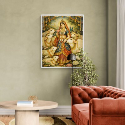 Radhaji with sacred cows wall art on sage green wall with velvet sofa
