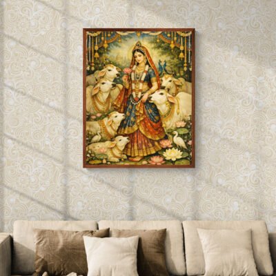 Pichwai Radhaji painting displayed on patterned wallpaper background