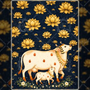 Sacred Cow & Calf Wall Art | Dark Blue Gold Lotus Indian Folk Art Illustration