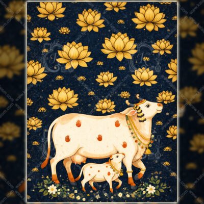 WE Sacred Cow & Calf Wall Art Dark Blue Gold Lotus Indian Folk Art Illustration 01 Sacred Cow & Calf Wall Art | Dark Blue Gold Lotus Indian Folk Art Illustration