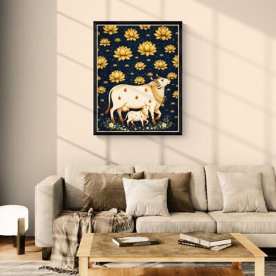 WE Sacred Cow & Calf Wall Art Dark Blue Gold Lotus Indian Folk Art Illustration 03 Sacred Cow & Calf Wall Art | Dark Blue Gold Lotus Indian Folk Art Illustration