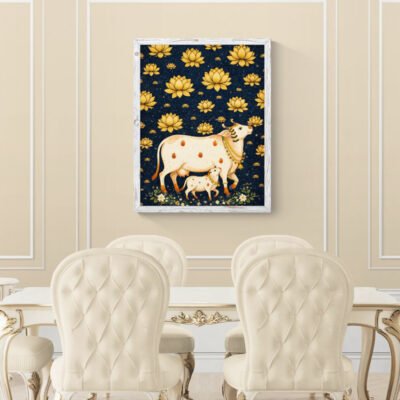 WE Sacred Cow & Calf Wall Art Dark Blue Gold Lotus Indian Folk Art Illustration 04 Sacred Cow & Calf Wall Art | Dark Blue Gold Lotus Indian Folk Art Illustration