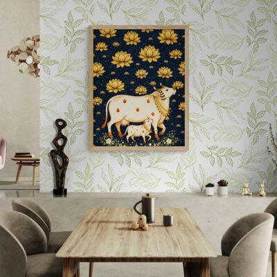 WE Sacred Cow & Calf Wall Art Dark Blue Gold Lotus Indian Folk Art Illustration 05 Sacred Cow & Calf Wall Art | Dark Blue Gold Lotus Indian Folk Art Illustration