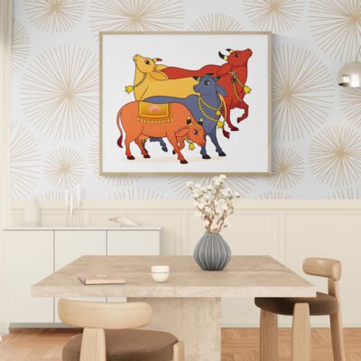 Sacred Cows of Harmony – Contemporary Indian Devotional Folk Art Wall Print