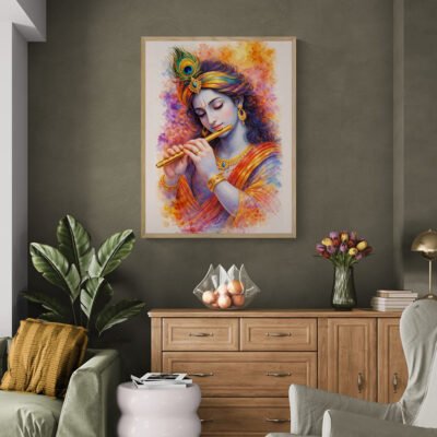 Serene Shri Krishna Playing Flute | Modern Devotional Wall Art with Divine Calm