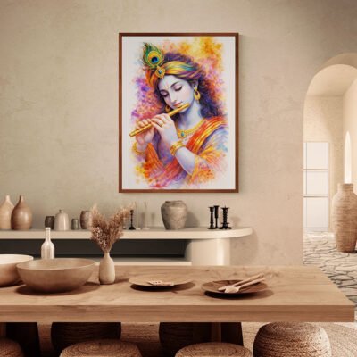 Serene Shri Krishna Playing Flute | Modern Devotional Wall Art with Divine Calm