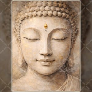 Serene Stone Buddha Wall Art with Gold Urna - Minimal Zen Meditation Artwork