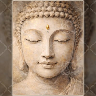 Serene stone Buddha face wall art with gold urna minimalist Zen meditation artwork.