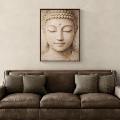 Serene Stone Buddha Wall Art with Gold Urna - Minimal Zen Meditation Artwork 02 Minimal Zen Buddha face wall art displayed above leather sofa in modern living room.
