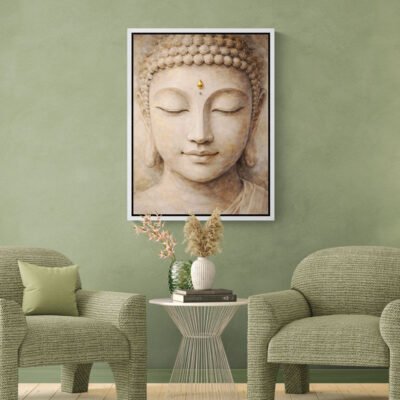 Zen Buddha face meditation wall art displayed above chairs in minimalist interior decor.