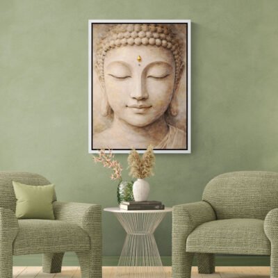 Serene Stone Buddha Wall Art with Gold Urna - Minimal Zen Meditation Artwork 03 Zen Buddha face meditation wall art displayed above chairs in minimalist interior decor.