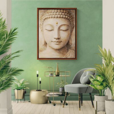 Stone Buddha meditation wall art displayed in modern green interior with plants.