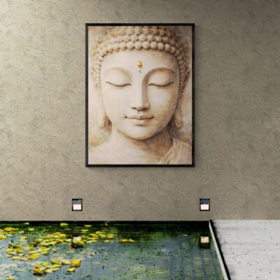 Serene Stone Buddha Wall Art with Gold Urna - Minimal Zen Meditation Artwork 05 Minimal Buddha meditation wall art displayed above reflective water feature in Zen inspired space.