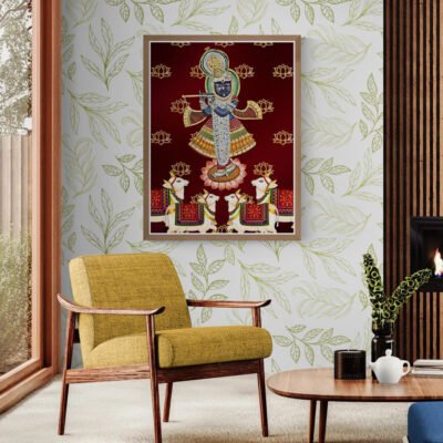 Shreenathji Pichwai devotional painting with sacred cows displayed in elegant home interior.