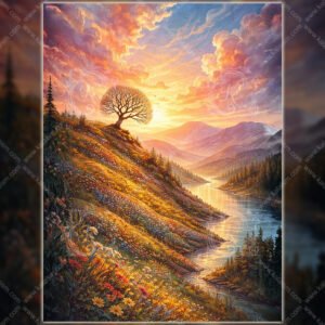 12 x 16 - 11 Sunlit Hillside Tree at Dawn | Dreamy Landscape Wall Art