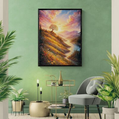 Sunlit Hillside Tree at Dawn | Dreamy Landscape Wall Art