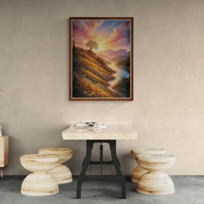 Sunlit Hillside Tree at Dawn | Dreamy Landscape Wall Art