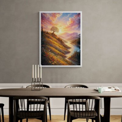 Sunlit Hillside Tree at Dawn | Dreamy Landscape Wall Art