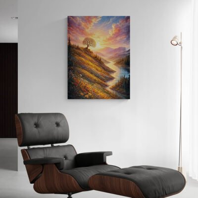 Sunlit Hillside Tree at Dawn | Dreamy Landscape Wall Art