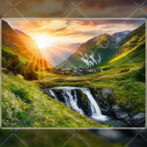 Sunlit Mountain Valley with Waterfall | Serene Nature Landscape Wall Art