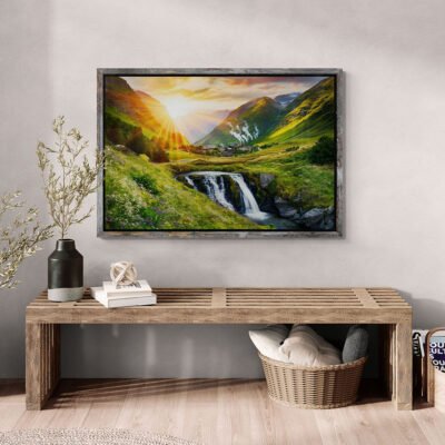Sunlit Mountain Valley with Waterfall | Serene Nature Landscape Wall Art