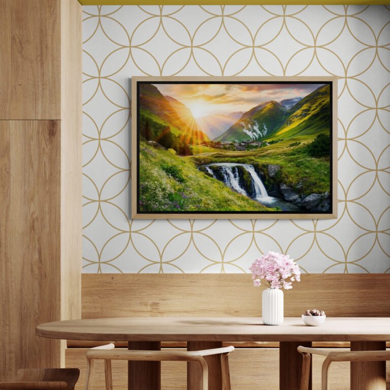 WE Sunlit Mountain Valley with Waterfall – Serene Nature Landscape Wall Art 03